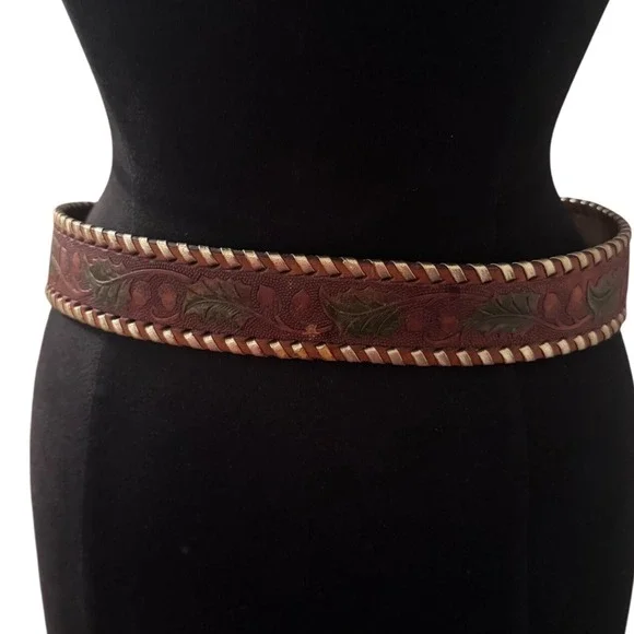 Vintage Kenny Rogers Hand Laced Top Grain Saddle Leather Belt Oak Leaf Acorn 34 - Picture 4 of 10